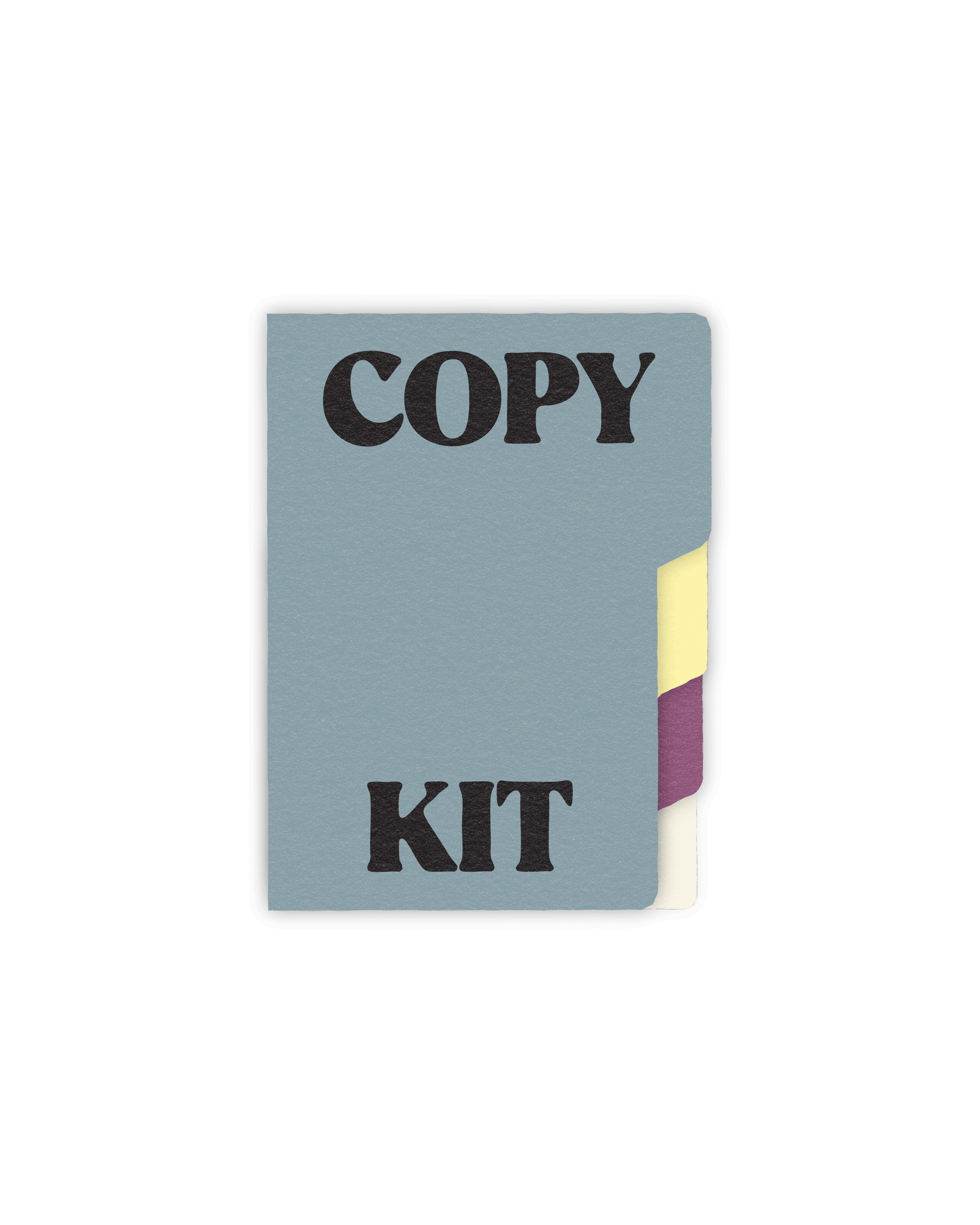 Blauw kartonnen mapje met het Copykit-logo en drie gekleurde tabbladen