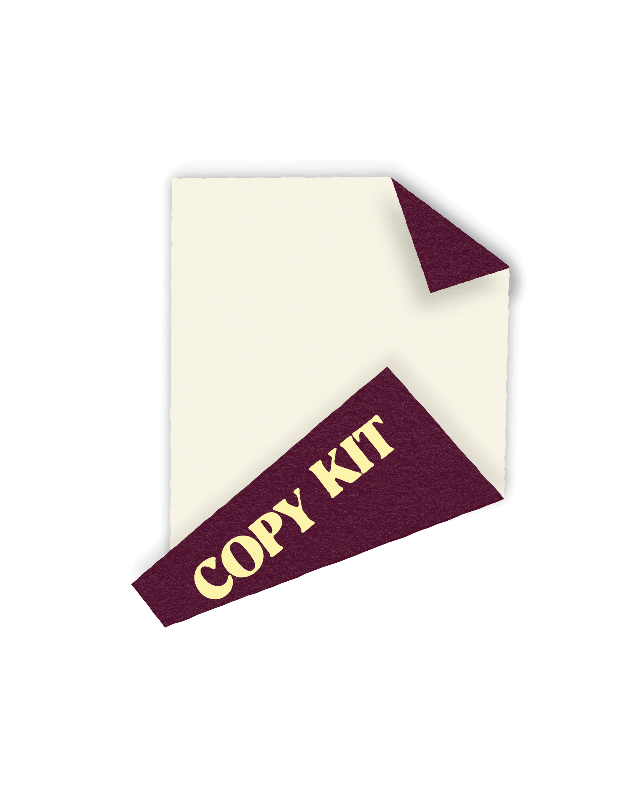 Omgekruld blad papier met het Copykit-logo op de bordeaux flap