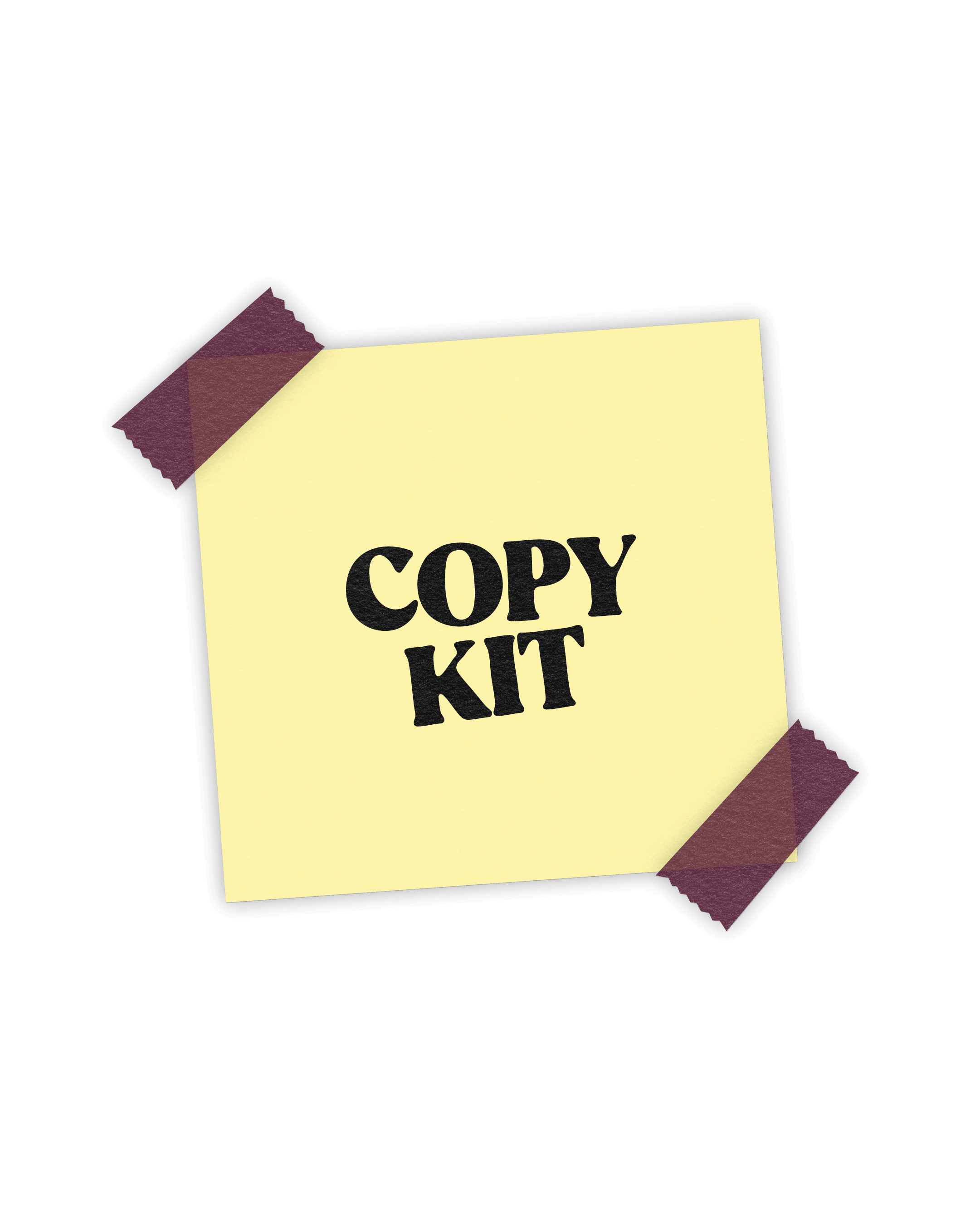 Gele post-it met het Copykit-logo, vastgeplakt met bordeaux plakband